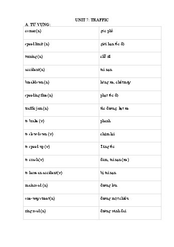 Câu hỏi ôn tập Tiếng Anh Lớp 7 - Unit 7: Traffic