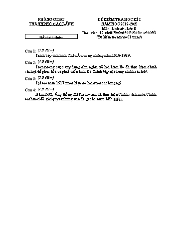 Đề chính thức kiểm tra học kì 1 Lịch sử Lớp 8 - Phòng GD&ĐT Cao Lãnh (Có hướng dẫn chấm)