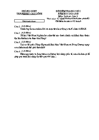 Đề chính thức kiểm tra học kì 1 Lịch sử Lớp 9 - Phòng GD&ĐT Cao Lãnh (Có hướng dẫn chấm)