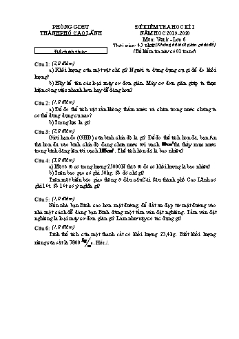 Đề chính thức kiểm tra học kì 1 Vật lí Lớp 6 - Phòng GD&ĐT Cao Lãnh (Có hướng dẫn chấm)
