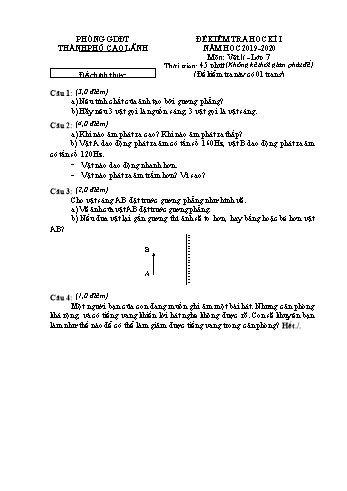 Đề chính thức kiểm tra học kì 1 Vật lí Lớp 7 - Phòng GD&ĐT Cao Lãnh (Có hướng dẫn chấm)