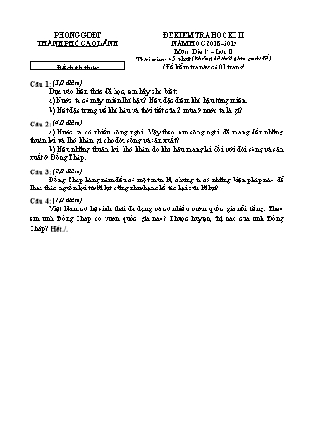 Đề chính thức kiểm tra học kì 2 Địa lí Lớp 8 - Phòng GD&ĐT Cao Lãnh (Có hướng dẫn chấm)