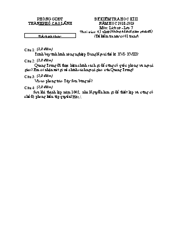 Đề chính thức kiểm tra học kì 2 Lịch sử Lớp 7 - Phòng GD&ĐT Cao Lãnh (Có hướng dẫn chấm)
