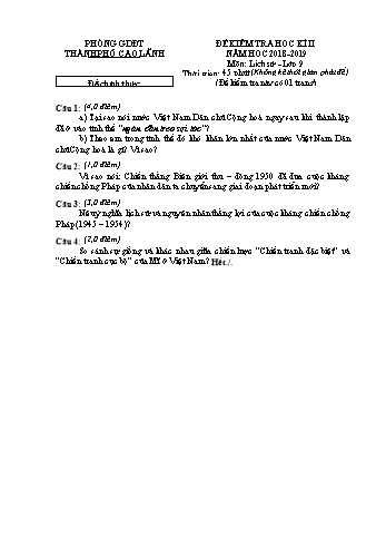 Đề chính thức kiểm tra học kì 2 Lịch sử Lớp 9 - Phòng GD&ĐT Cao Lãnh (Có hướng dẫn chấm)