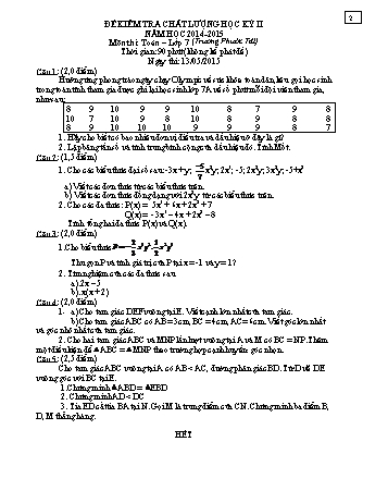 Đề kiểm tra chất lượng học kì 2 Toán Lớp 7