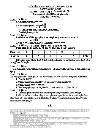 Đề kiểm tra chất lượng học kì 2 Toán Lớp 8