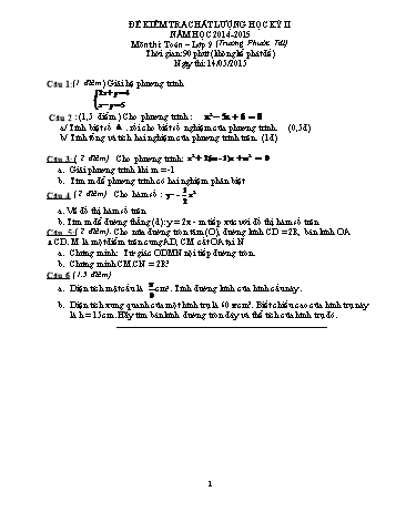 Đề kiểm tra chất lượng học kì 2 Toán Lớp 9 (Có hướng dẫn chấm)