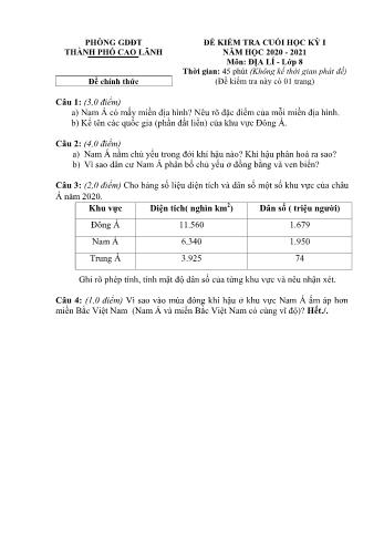 Đề kiểm tra cuối học kì 1 Địa lí Lớp 8 - Đề chính thức - Phòng GD&ĐT Cao Lãnh (Có hướng dẫn chấm)