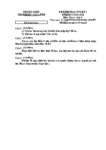 Đề kiểm tra cuối kì 1 Địa lí Lớp 6 - Đề chính thức - Phòng GD&ĐT Cao Lãnh (Có hướng dẫn chấm)