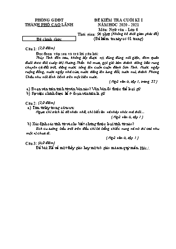 Đề kiểm tra cuối kì 1 Ngữ văn Lớp 6 - Đề chính thức - Phòng GD&ĐT Cao Lãnh (Có hướng dẫn chấm)