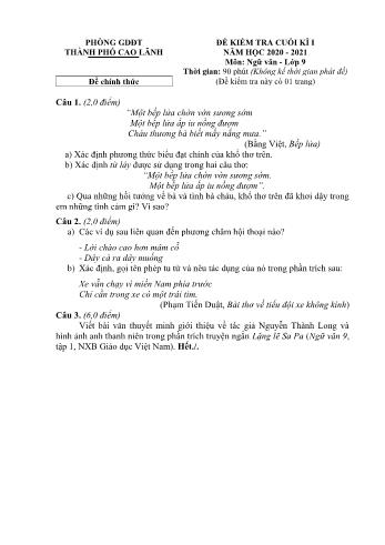 Đề kiểm tra cuối kì 1 Ngữ văn Lớp 9 - Đề chính thức - Phòng GD&ĐT Cao Lãnh (Có hướng dẫn chấm)