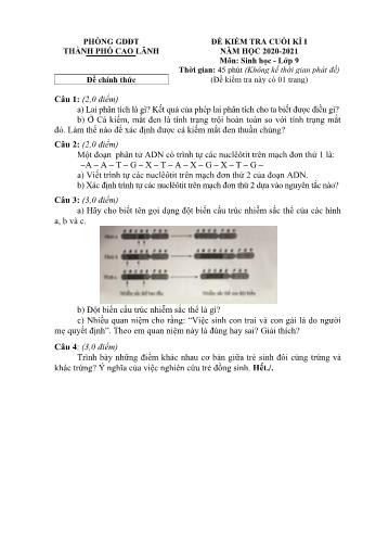 Đề kiểm tra cuối kì 1 Sinh học Lớp 9 - Đề chính thức - Phòng GD&ĐT Cao Lãnh (Có hướng dẫn chấm)