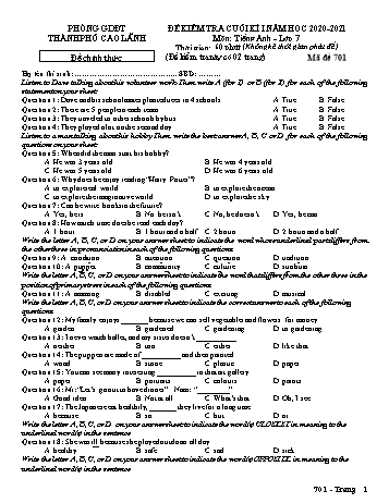 Đề kiểm tra cuối kì 1 Tiếng Anh Lớp 7 - Đề chính thức - Phòng GD&ĐT Cao Lãnh (Có đáp án)