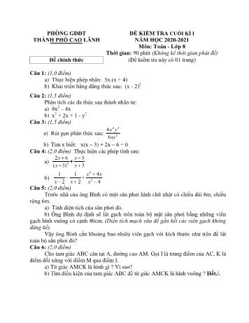 Đề kiểm tra cuối kì 1 Toán Lớp 8 - Đề chính thức - Phòng GD&ĐT Cao Lãnh (Có hướng dẫn chấm)