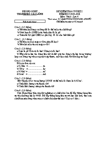 Đề kiểm tra cuối kì 1 Vật lí Lớp 6 - Đề chính thức - Phòng GD&ĐT Cao Lãnh (Có hướng dẫn chấm)