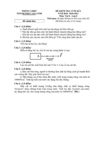 Đề kiểm tra cuối kì 1 Vật lí Lớp 8 - Đề chính thức - Phòng GD&ĐT Cao Lãnh (Có hướng dẫn chấm)