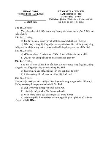 Đề kiểm tra cuối kì 1 Vật lí Lớp 9 - Đề chính thức - Phòng GD&ĐT Cao Lãnh (Có hướng dẫn chấm)