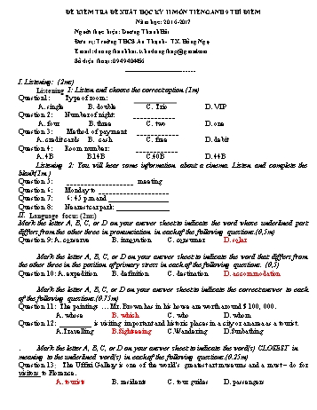 Đề kiểm tra đề xuất học kì 2 Tiếng Anh Lớp 9 (Thí điểm) - Trường THCS An Thạnh (Có hướng dẫn chấm)