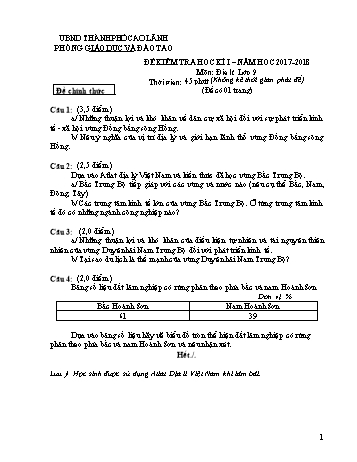 Đề kiểm tra học kì 1 Địa lí Lớp 9 - Phòng GD&ĐT Cao Lãnh
