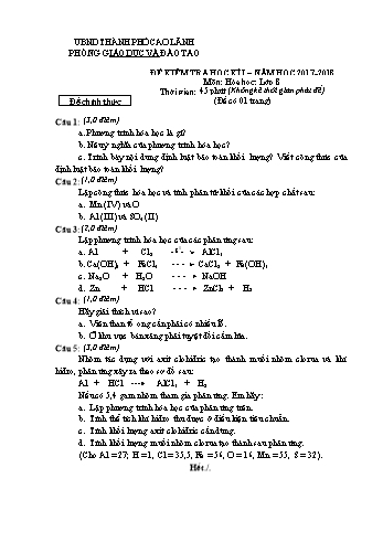Đề kiểm tra học kì 1 Hóa học Lớp 8 - Phòng GD&ĐT Cao Lãnh