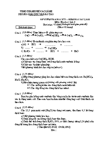 Đề kiểm tra học kì 1 Hóa học Lớp 9 - Phòng GD&ĐT Cao Lãnh