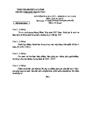 Đề kiểm tra học kì 1 Lịch sử Lớp 8 - Phòng GD&ĐT Cao Lãnh