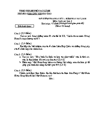 Đề kiểm tra học kì 1 Lịch sử Lớp 9 - Phòng GD&ĐT Cao Lãnh