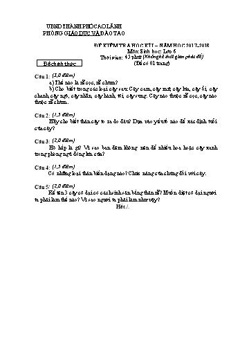Đề kiểm tra học kì 1 Sinh học Lớp 6 - Phòng GD&ĐT Cao Lãnh
