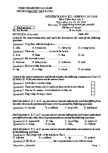 Đề kiểm tra học kì 1 Tiếng Anh Lớp 6 - Mã đề: 602 - Phòng GD&ĐT Cao Lãnh