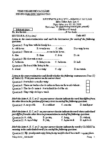Đề kiểm tra học kì 1 Tiếng Anh Lớp 6 - Mã đề: 603 - Phòng GD&ĐT Cao Lãnh