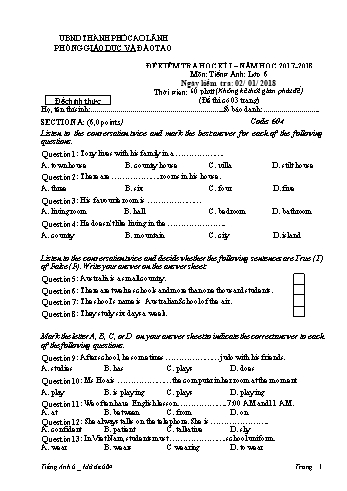 Đề kiểm tra học kì 1 Tiếng Anh Lớp 6 - Mã đề: 604 - Phòng GD&ĐT Cao Lãnh