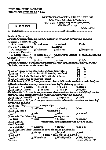 Đề kiểm tra học kì 1 Tiếng Anh Lớp 7 (Hệ 7 năm) - Mã đề: 701 - Phòng GD&ĐT Cao Lãnh