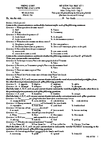 Đề kiểm tra học kì 1 Tiếng Anh Lớp 7 - Mã đề: 701 - Phòng GD&ĐT Cao Lãnh