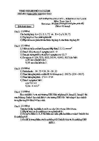 Đề kiểm tra học kì 1 Toán Lớp 6 - Phòng GD&ĐT Cao Lãnh