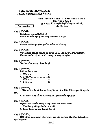 Đề kiểm tra học kì 1 Vật lí Lớp 6 - Phòng GD&ĐT Cao Lãnh