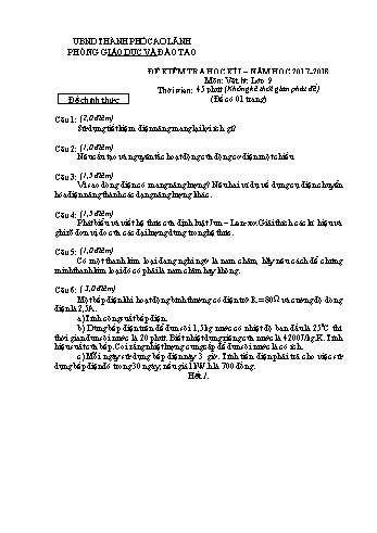 Đề kiểm tra học kì 1 Vật lí Lớp 9 - Phòng GD&ĐT Cao Lãnh