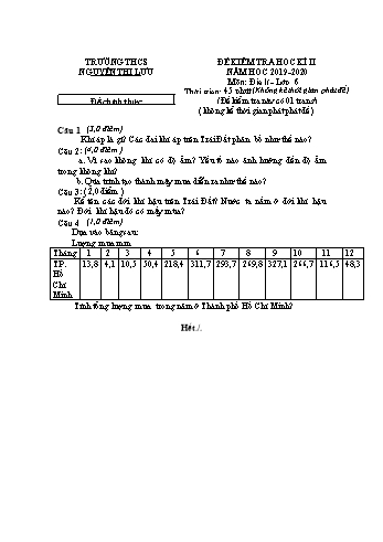 Đề kiểm tra học kì 2 Địa lí Lớp 6 - Đề chính thức - Trường THCS Nguyễn Thị Lựu (Có hướng dẫn chấm)