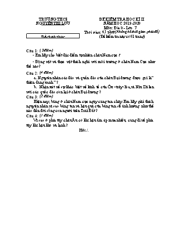 Đề kiểm tra học kì 2 Địa lí Lớp 7 - Đề chính thức - Trường THCS Nguyễn Thị Lựu (Có hướng dẫn chấm)