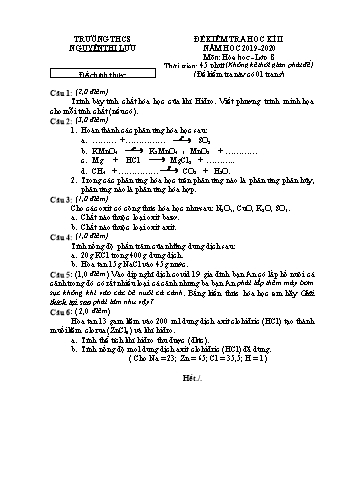 Đề kiểm tra học kì 2 Hóa học Lớp 8 - Đề chính thức - Trường THCS Nguyễn Thị Lựu (Có hướng dẫn chấm)