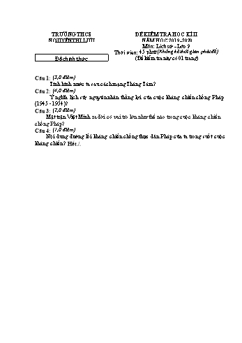 Đề kiểm tra học kì 2 Lịch sử Lớp 9 - Đề chính thức - Trường THCS Nguyễn Thị Lựu (Có hướng dẫn chấm)