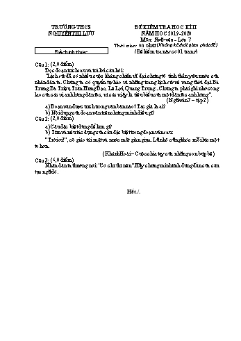 Đề kiểm tra học kì 2 Ngữ văn Lớp 7 - Đề chính thức - Trường THCS Nguyễn Thị Lựu (Có hướng dẫn chấm)