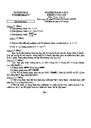 Đề kiểm tra học kì 2 Toán Lớp 8 - Đề chính thức - Trường THCS Nguyễn Thị Lựu (Có hướng dẫn chấm)