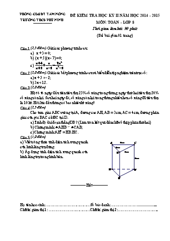Đề kiểm tra học kì 2 Toán Lớp 8 - Trường THCS Tam Nông (Có hướng dẫn chấm)