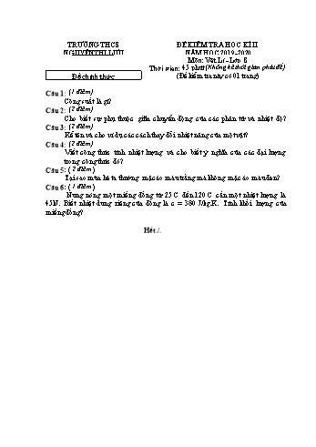 Đề kiểm tra học kì 2 Vật lí Lớp 8 - Đề chính thức - Trường THCS Nguyễn Thị Lựu (Có hướng dẫn chấm)