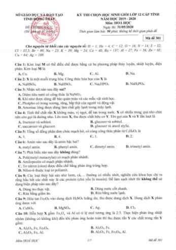 Đề thi chọn học sinh giỏi Khối 12 cấp tỉnh môn Hóa học - Sở GD&ĐT Đồng Tháp (Có đáp án)