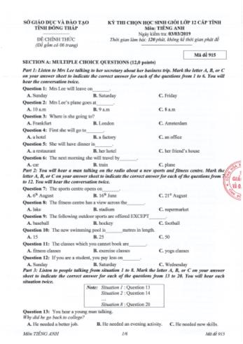 Đề thi chọn học sinh giỏi Lớp 12 cấp tỉnh môn Tiếng Anh - Sở GD&ĐT Đồng Tháp (Có đáp án)