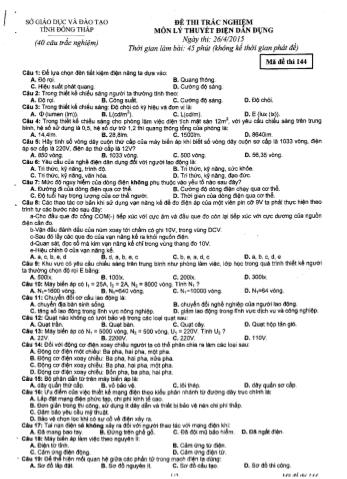 Đề thi trắc nghiệm môn Lý thuyết điện dân dụng - Mã đề: 144 - Sở GD&ĐT Đồng Tháp (Có hướng dẫn chấm)