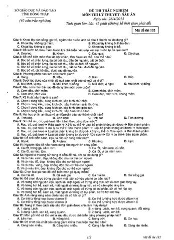 Đề thi trắc nghiệm môn Lý thuyết nấu ăn - Sở GD&ĐT Đồng Tháp (Có hướng dẫn chấm)