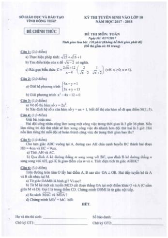 Đề thi tuyển sinh Khối 10 môn Toán - Sở GD&ĐT Đồng Tháp (Có hướng dẫn chấm)