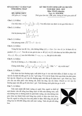 Đề thi tuyển sinh Lớp 10 chuyên môn Toán - Sở GD&ĐT Đồng Tháp (Có đáp án)